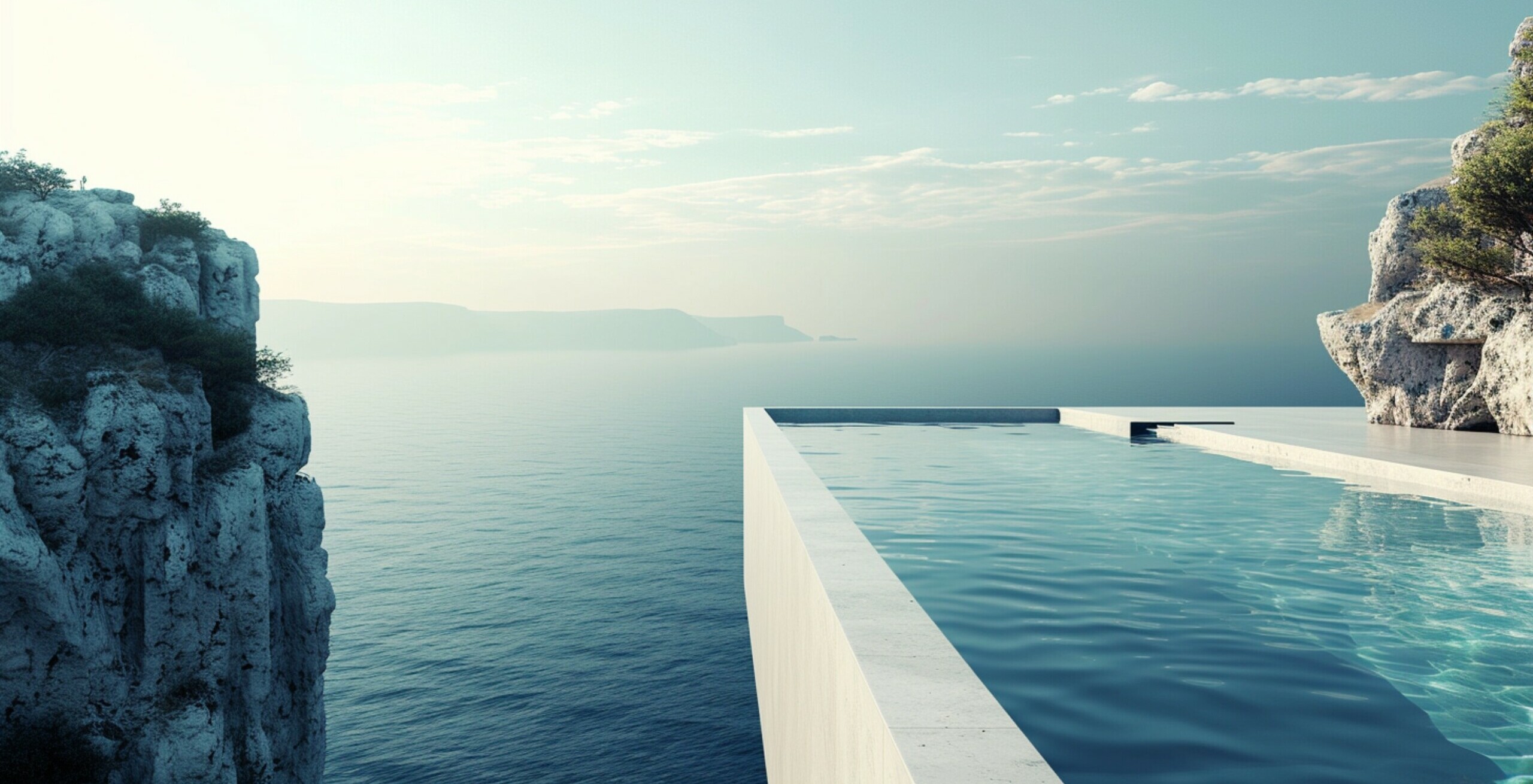 A modern infinity pool perched on the edge of a cliff, overlooking a breathtaking landscape